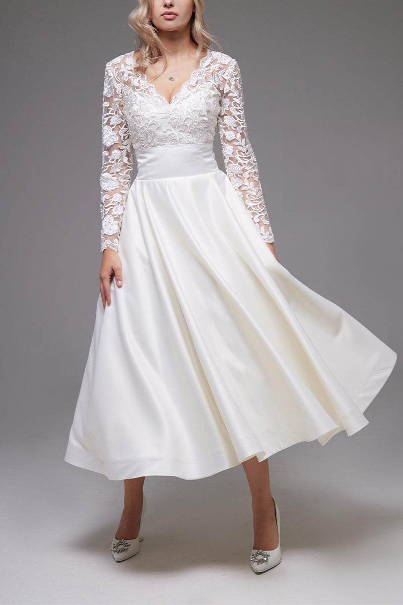 A-Line Tea Length Lace Satin Little White Dress 100017 - COCOMELODY